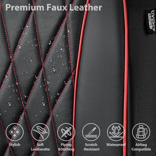 CAR PASS Piping Luxury PU Leather Two Front Car Seat Covers, Waterproof Anti Slip Seat Covers Compatible with Front Seat Armrests,Universal Fit for Suvs,Vans,Trucks,Airbag Compatible(Black and Red) - color: Black and Red, size: Two Front