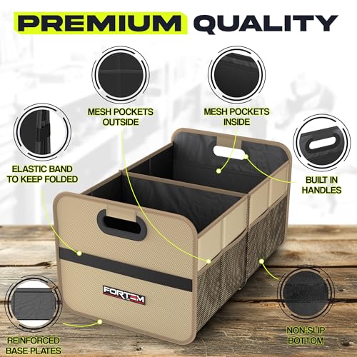 FORTEM Car Trunk Organizer, Collapsible Two Compartment Organizer, Foldable SUV & Truck Storage for Car Accessories for Women Men, Non Slip Bottom, Sturdy Side Walls, Strong Handles, 45L