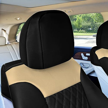 FH Group Deluxe Faux Leather Diamond Pattern Front Set Car Seat Cushions with Gift - Universal Fit for Cars, Trucks, & SUVs PU089102 (Beige) - color: Beige / Black