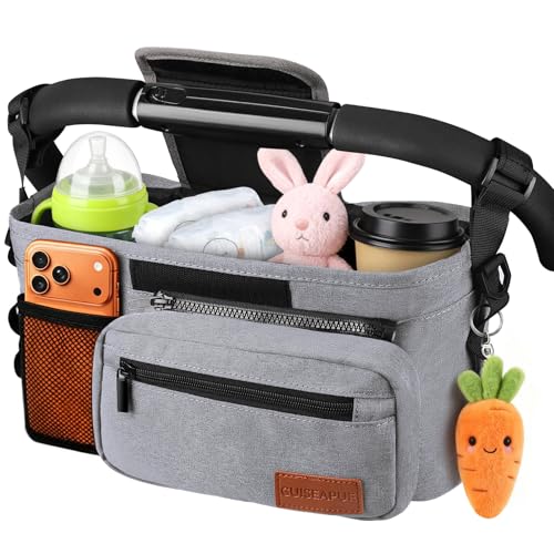 Guiseapue Universal Stroller Organizer with Cup Holder: Baby Essentials, Stroller Caddy with Shoulder Strap, Detachable Phone Bag, Stroller Accessories, New Moms Baby Gifts - color: Gray, size: Single Stroller
