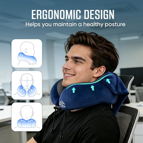 SkytraxComf® Travel Neck Pillow with Hood for Privacy on Long Flights | Memory Foam | Airplane Sleep | Safety-Tested Materials | Extra Large Hood | Chin Support | Earplugs | Washable Cover