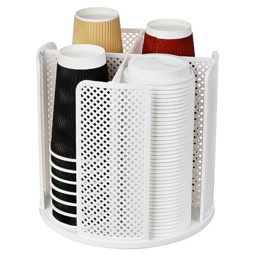 Rotating Cup Dispenser, Coffee Cup Holder with 4 Compartments, Disposable Paper Cup Organizer Fits 5 to 16 oz Cups for Kitchen Cabinets, Detachable Plastic Cup Stand & Lid Holder, White - color: White