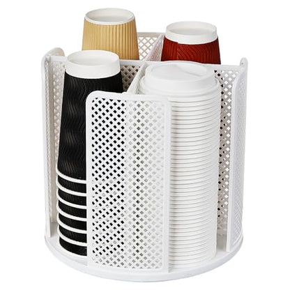 Rotating Cup Dispenser, Coffee Cup Holder with 4 Compartments, Disposable Paper Cup Organizer Fits 5 to 16 oz Cups for Kitchen Cabinets, Detachable Plastic Cup Stand & Lid Holder, White - color: White
