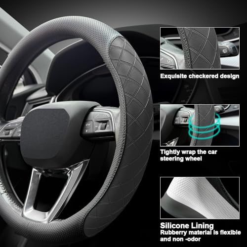 Nappa Leather Steering Wheel Cover, Elegant Diamond Checkered Design, Non-Slip wear-Resistant, Enhance Driving Comfort, Suitable for Steering Wheel Diameter 14 1/2‘-15’ Models.Black - color: Black