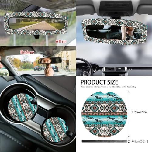 Wanyint 14 PCS Car Seat Cover Set, with Steering Wheel Seat Belt Covers Waste Bin Center Console Pad Rear View Mirror Handbrake Set Coasters Auto Accessories Decor, Aztec Navajo Horse Turquoise - color: Aztec Navajo Horse Turquoise
