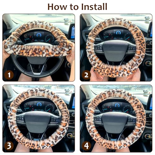 Accmor Fluffy Car Steering Wheel Cover, Universal Fuzzy Wheel Cover 14 1/2-15 & Handbrake Cover & Gear Shift Cover Set, Anti-Slip Leopard Warm Fur Vehicle Wheel Protector Car Accessories for Men Women