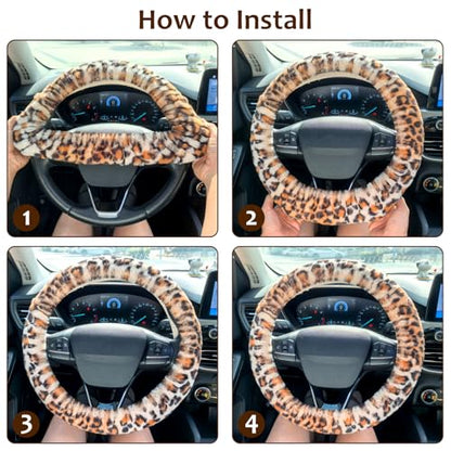 Accmor Fluffy Car Steering Wheel Cover, Universal Fuzzy Wheel Cover 14 1/2-15 & Handbrake Cover & Gear Shift Cover Set, Anti-Slip Leopard Warm Fur Vehicle Wheel Protector Car Accessories for Men Women