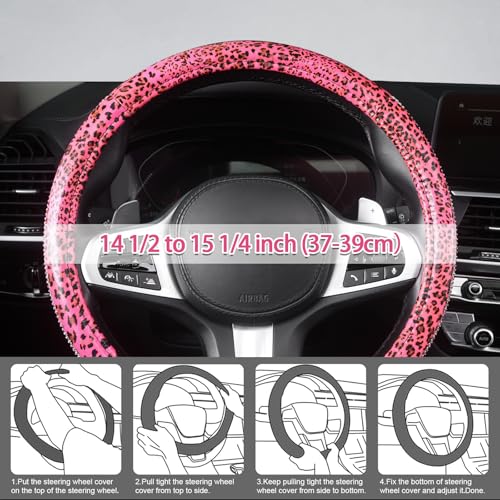 AUTOYOUTH Leopard Print Steering Wheel Cover - Bling Crystal Rhinestones Cheetah Print on PVC Leather Non-Slip Breathable Design for Women/Girls Universal Fit 14.5-15 Inch - Pink - color: PINK