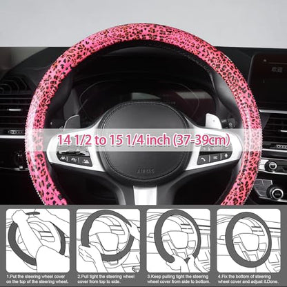 AUTOYOUTH Leopard Print Steering Wheel Cover - Bling Crystal Rhinestones Cheetah Print on PVC Leather Non-Slip Breathable Design for Women/Girls Universal Fit 14.5-15 Inch - Pink - color: PINK