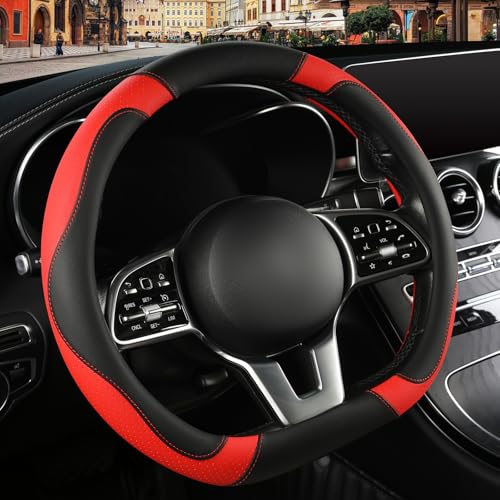 Microfiber Leather D Shaped Steering Wheel Cover, Breathable, Anti Slip, Universal 15 inch, Black with Red - color: Black Red, size: D Shape-Middle[14.5''-15'']