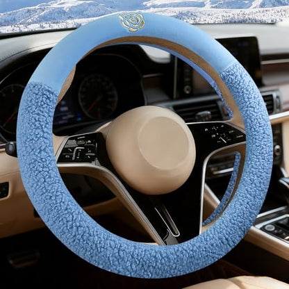 Blue Camellia Lambswool Steering Wheel Cover, for Universal Auto Steering Wheel 14.5-15 in, Lambswool Fabric, Anti-Slip, Soft Plush, Comforting and Luxurious, Embroidery Patterns, Soft Texture