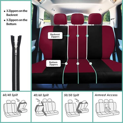 FH Group Light & Breezy Cloth Car Seat Covers, 7 Seater Three Row Set- Airbag & Split Ready -Universal for Cars Trucks and SUVs Burgundy/Black - color: Burgundy