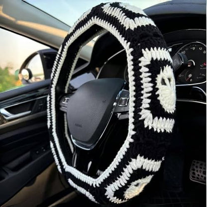 Crochet Steering Wheel Cover,Handmade Rock and Roll Skull Steering Wheel Cover, Skull Wheel Covers Cool Girl & Men, Skeleton Wheel Covers 14-15 in (A Wheel Cover) - color: A wheel cover