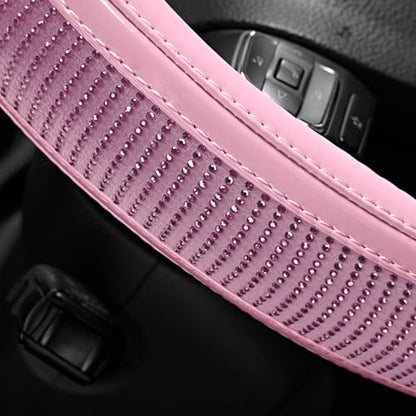 Road Comforts Bling Steering Wheel Cover – Pink Diamond Design, Universal Fit 14.5-15 Inch, Microfiber Leather, Anti-Slip & Breathable Design for Men and Women - color: Pink & Pink