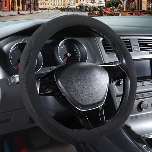 Black Suede D Shaped Steering Wheel Cover, Breathable Non-Slip Sweat-Proof Wear-Resistant No Pilling, Warm in Winter and Cool in Summer, Universal 15 inch - color: Black, size: D Shape-M[14.5''-15'']