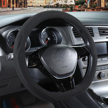 Black Suede D Shaped Steering Wheel Cover, Breathable Non-Slip Sweat-Proof Wear-Resistant No Pilling, Warm in Winter and Cool in Summer, Universal 15 inch - color: Black, size: D Shape-M[14.5''-15'']