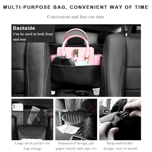 Car Purse Holder Between Seats, Luxury Leather Front Seat Back Handbag Organizer with Tissue Box Cup Holders, Auto Large Capacity Multi Pocket Purse Holder Hanging Storage Bag (Black) - color: Black