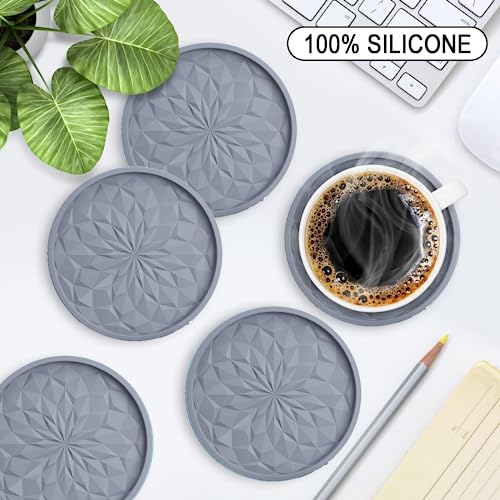 Silicone Coasters with Holder,[6 Pack] Drinking Coasters - Cup Mat for Hot or Cold Drinks, Thickened, Non-Slip, Non-stick,Deep Tray Light Grey - color: Light Grey