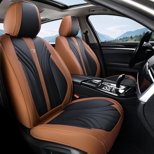 FLORICH Leather Seat Covers, 2 PCS Waterproof Front Car Cushions, Black and Brown Automotive Driver Covers Fit for Most Cars SUV Trucks - color: Dark Brown&Black, size: Front