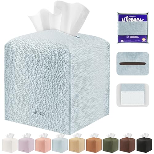 Tissue Box Cover Holder Square Tissue Cube Cover PU Leather Tissue Organizer with Bottom Belt for Bathroom, Tabletop, Car, Night Stands, Office, Home, Kitchen (1, Blue) - color: Blue
