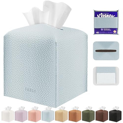 Tissue Box Cover Holder Square Tissue Cube Cover PU Leather Tissue Organizer with Bottom Belt for Bathroom, Tabletop, Car, Night Stands, Office, Home, Kitchen (1, Blue) - color: Blue
