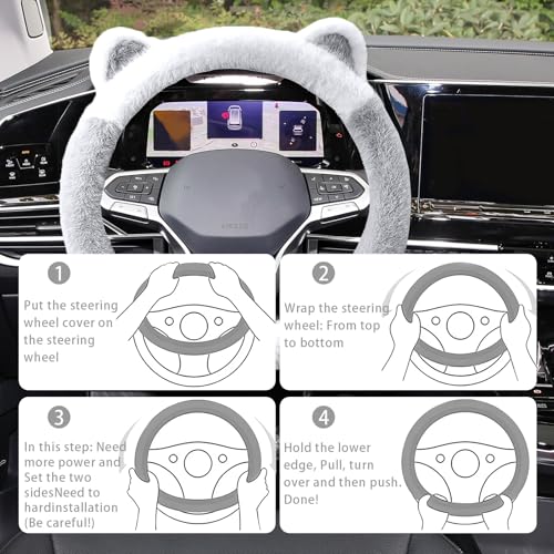 Car Steering Wheel Cover, Cute Steering Wheel Protector with Kitty Cat Ears,Fluffy Soft Plush for Winter Warm, Universal Fit 15 inches for Car,SUV, Elastic & Anti-Slip (White/Gray) - color: White/Gray