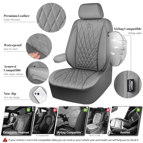 CAR PASS Piping Luxury PU Leather Two Front Car Seat Covers, Waterproof Anti Slip Seat Covers Compatible with Front Seat Armrests,Universal Fit for Suvs,Vans,Trucks,Airbag Compatible(All Gray) - color: All Gray, size: Two Front