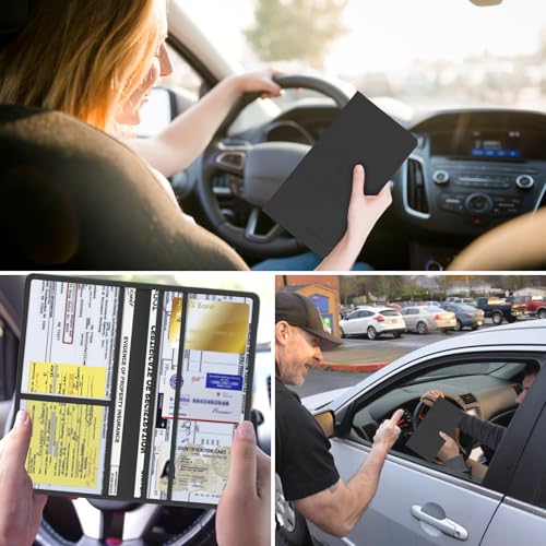Car Registration & Insurance Card Holder Leather Auto Glove Box Organizer Document Wallet with Magnetic Shut - color: Black-Upgraded