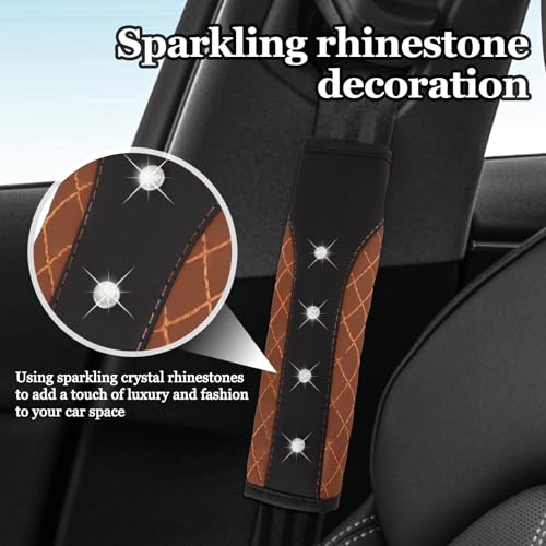 Hovom 2PCS Bling Car Seat Belt Cover Pad, Leather Seatbelt Covers for Cars, Soft Safety Seatbelt Shoulder Strap Covers, Rhinestone Auto Seat Belt Protector Cushion for Women Girls (Coffee) - color: Coffee