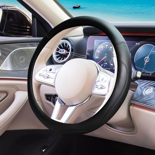 Black Car Steering Wheel Cover, Nappa Leather, Bottom Color Blocking, Fashionable Sporty Style, Universal 14.5-15 Inch Leather Anti-Slip Breathable Auto Steering Wheel Covers for Men Women - color: Black