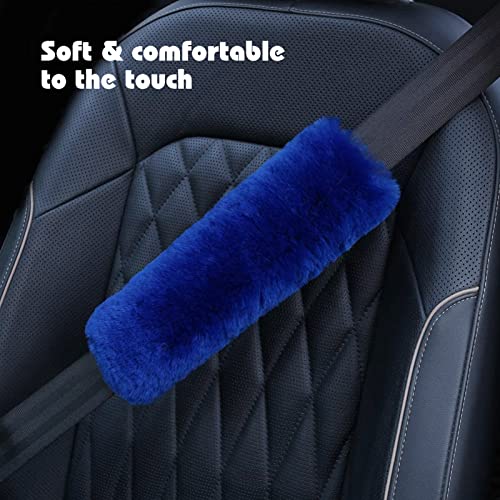 Cute Fluffy Steering Wheel Cover Set for Women, YUNXNYC 1 Set 8 Pieces Fluffy Car Accessories Set Soft Fuzz Handbrake Cover Gear Shift Cover Fur Seat Belt Shoulder Pads Furry Ball Key Chain (Blue) - color: Blue
