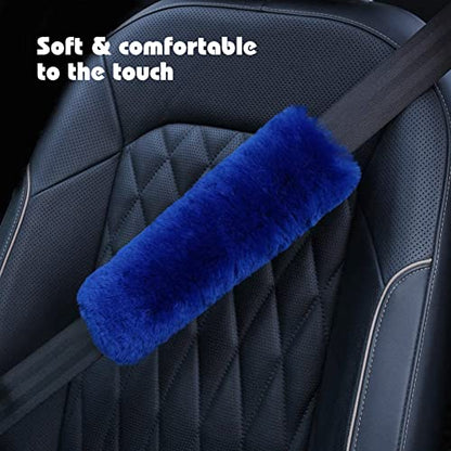 Cute Fluffy Steering Wheel Cover Set for Women, YUNXNYC 1 Set 8 Pieces Fluffy Car Accessories Set Soft Fuzz Handbrake Cover Gear Shift Cover Fur Seat Belt Shoulder Pads Furry Ball Key Chain (Blue) - color: Blue