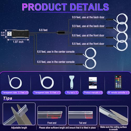 Smart Car LED Interior Lights with USB Port, LED Strip Fiber Optic Lights, Wireless App and Remote Control, Sync to Music, Car Accessories Gifts for Women and Men, 6 in 1 - size: 6 in 1- Remote Control