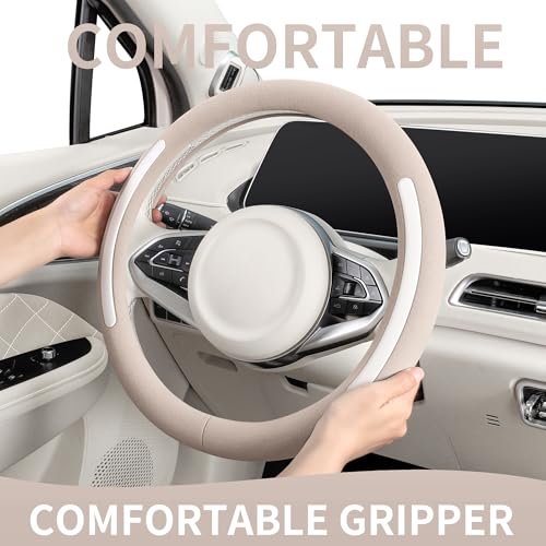 Steering Wheel Cover, Universal 15 inch, Faux Leather Steering Wheel Protector Anti-Slip, Breathable & Heating-Compatible for Cars Trucks SUVs Vans - color: Beige
