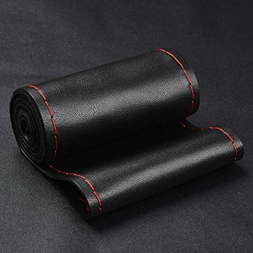 Steering Wheel Cover with Top Layer Genuine Leather and Anti-Slip Design, Soft Padding, Breathable, Universal 15 Inch Stitch on Wrap - color: red and black