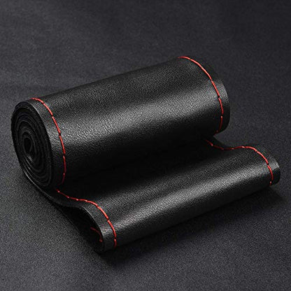 Steering Wheel Cover with Top Layer Genuine Leather and Anti-Slip Design, Soft Padding, Breathable, Universal 15 Inch Stitch on Wrap - color: red and black