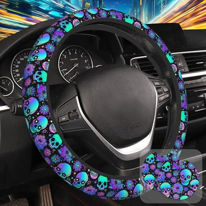 Neon Skull and Flower Steering Wheel Cover with 2 Pcs Car Coasters Neoprene Steering Wheel Cover for Women Men Anti-Slip Breathable Car Accessories Universal 15 Inch Fit Auto Cars Trucks - color: Neon Skull and Flower