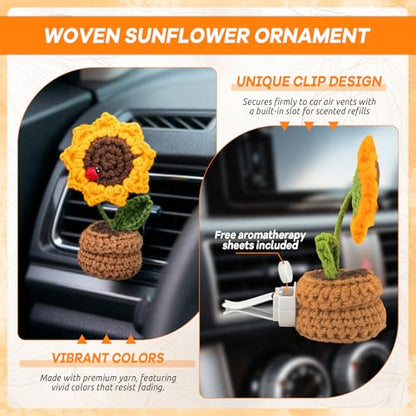 Crochet Sunflower Car Vent Clip, Cute Handmade Knitted Flowers Potted Cars Vent Clips, Automotive Interior Decoration for Women Girl (Sunflower, Yellow)