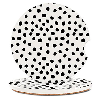 Absorbent Car Cupholder Coaster 2 Pack,Ceramic Stone with a Finger Notch for Women & Lady,Cork Base Drink Coasters 2.56 Inch,Cute Auto Accessories Gifts - Cute Black Polka Dot