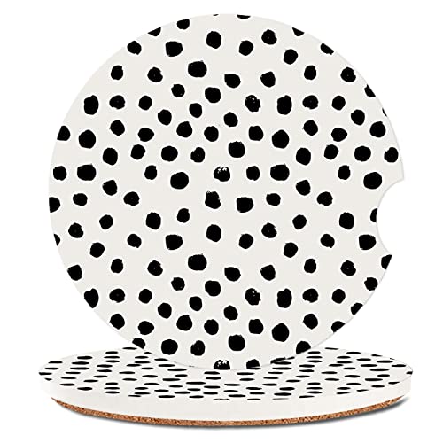 Absorbent Car Cupholder Coaster 2 Pack,Ceramic Stone with a Finger Notch for Women & Lady,Cork Base Drink Coasters 2.56 Inch,Cute Auto Accessories Gifts - Cute Black Polka Dot