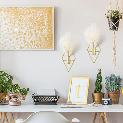 2 Pcs Boho Wall Decor Metal Gold Wall Art Hanging Planters with Artificial Pampas Modern Home Decor Display Art for Living Room Bedroom Bathroom(Rhombus) - style: Rhombus