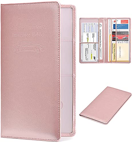 HerriaT Car Registration and Insurance Card Holder - Leather Vehicle Glove Box Automobile Documents Paperwork Wallet Case Organizer for ID, Driver's License, Key Contact Information Cards - Men&Women - color: Classic RoseGold