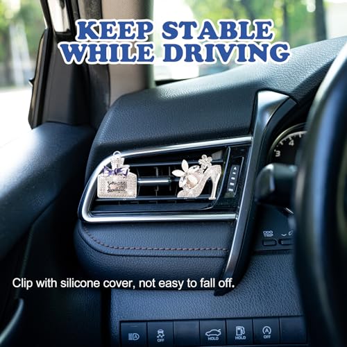 Rislobx 4PCS Bling Air Freshener Vent Clip, Crystal Diamond High Heel Shoe Bag Crown Perfume Bottle Car Diffuser Vent Clip Cute Bling Accessories Decoration for Women (Silver)