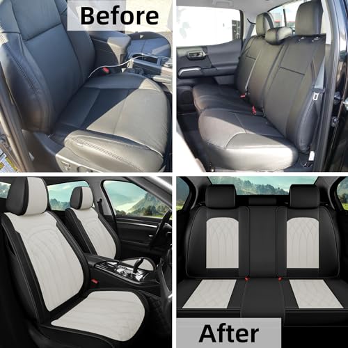 SanQing Luxury Leather Car Seat Covers Full Set 5pcs Waterproof Protector Cushion for Front and Back Seats, Universal Fit for Most Cars, Durable and Easy to Clean - color: Black&White