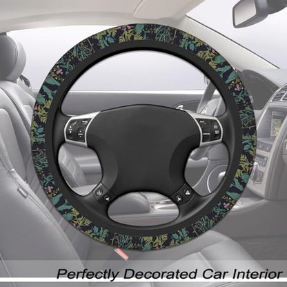 Vintage Daisy Leaves Flowers Steering Wheel Cover for Women, Anti-Slip Elastic Breathable Soft Rubber Car Steering Wheel Protective Cover, Universal 15 Inch Fit for Cars, Auto, SUVs