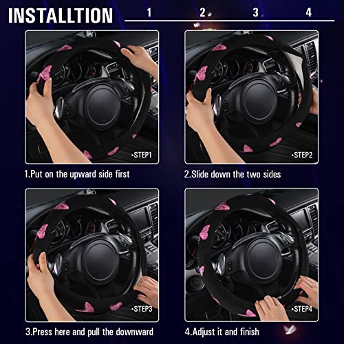 Car Pass Pink Embroidery Butterfly Steering Wheel Cover, Universal 15 Inch Car Wheel Cover for Women Girls, Fit for Suvs,Small Trucks,Sedans,Cars (Black and Pink) - color: Black and Pink