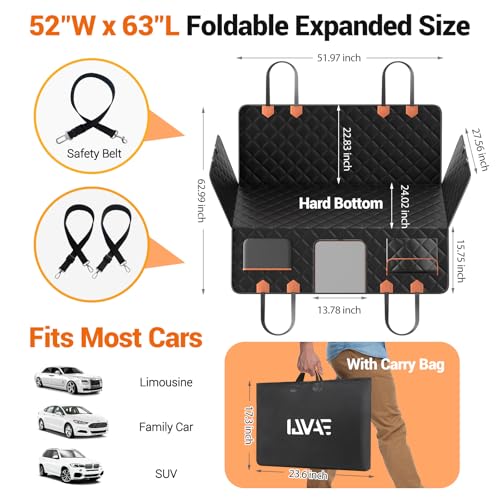 Dog Seat Cover for Back Seat, Hard Bottom Back Seat Extender Holds 500 lbs, Waterproof & Nonslip Car Hammock for Large Pets, Comfortable Travel Seat Protector for SUV and Sedan