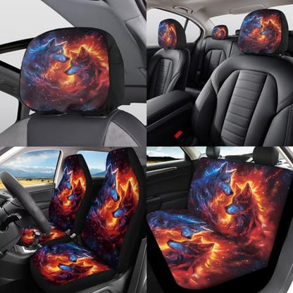 Galaxy Animal Wolf Car Rear Bench Protective Seat Car Seat Covers Full Set 12 Pcs Auto Interior Accessories Steering Wheel Cover Car Seat Covers Headrest Covers Universal Fit - color: Galaxy Animal Wolf