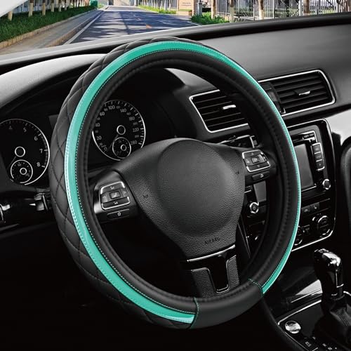 Road Comforts Leather Steering Wheel Cover – Black & Green Universal Fit 14.5-15 Inch, Microfiber Leather, Anti-Slip & Breathable Design for Men and Women - color: Green