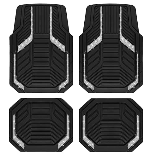PIC AUTO Car Floor Mats, Silver Sparkly Crystal Bling Glitter Car Mats Set, Front and Rear Heavy Duty Rubber Car Mats with Anti-Slip Backing, All Weather, Trim-to-Fit for SUVs, Trucks, Sedan, Vans - color: Sliver Glitter